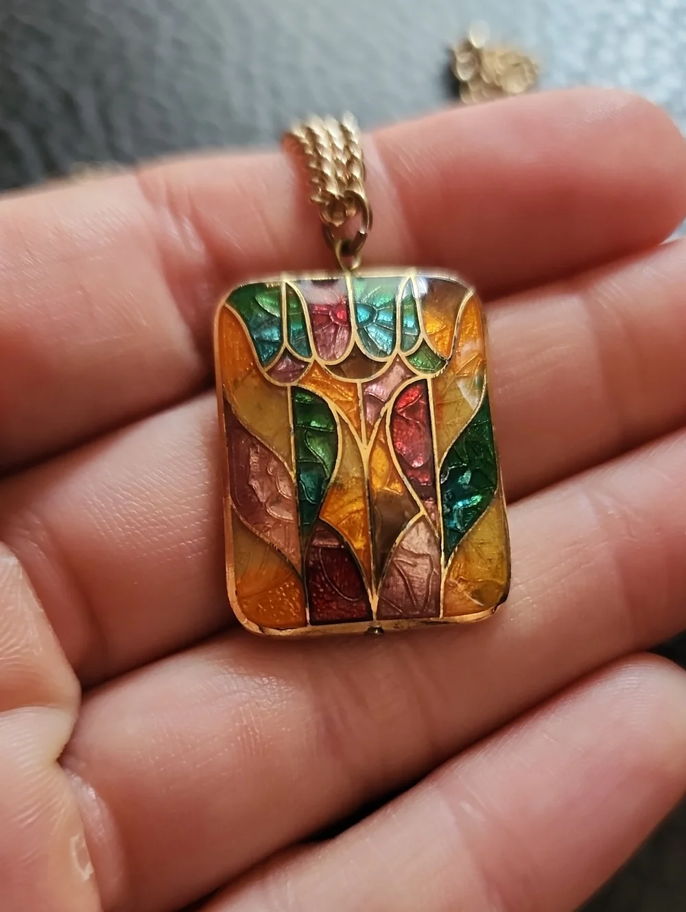 Multicolor Enamel Mosaic Pendant Necklace in Gold Tone